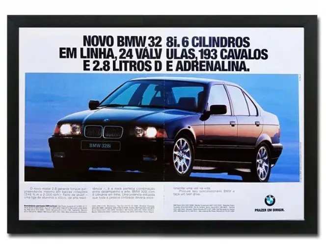 BMW Série 3, 328i E36 - Quadro decorativo com propaganda original de revista de época