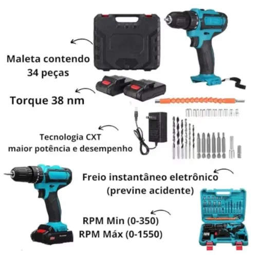 FURADEIRA E PARAFUSADEIRA SEM FIO 2 BATERIAS 36V COM MALETA E ACESSÓRIOS