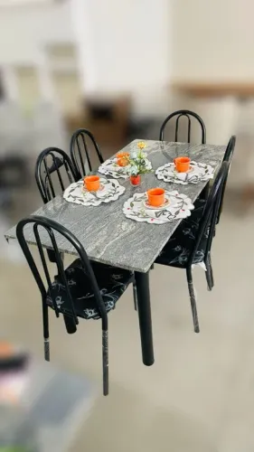 Mesa 6 Lugares De Granito Tubo De Ferro Preto - Em Promoção 