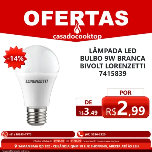 Lâmpada led bulbo 9w branca bivolt lorenzetti 7415839