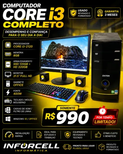 PC Core i3 8gb Ram Ssd 120gb Hd 320 Tela 22