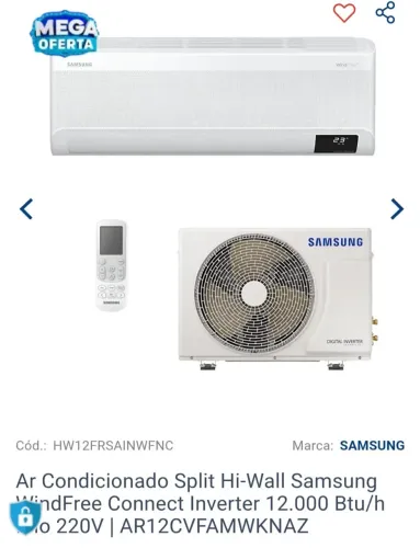Ar-condicionado hi wall Samsung WindFree Connect Inverter 12.000 BTUs.
