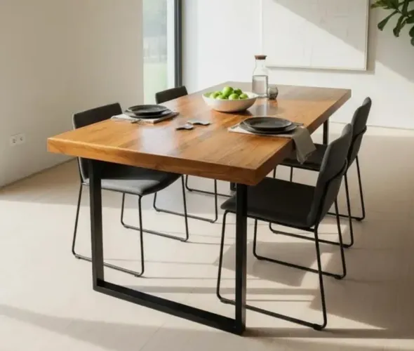 Mesa de Jantar Madeira Maciça + 2 Bancos Industriais (Novos)