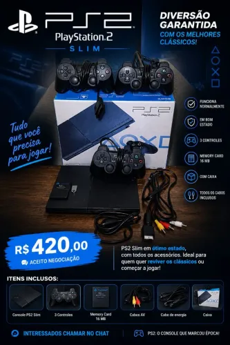 PS2 Slim funcionando + 3 controles + caixa + Memory Card 16MB