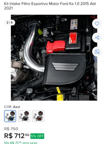 Kit intake filtro esportivo Ford Ka e universal 
