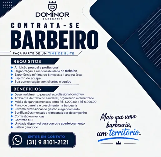 VAGA PARA BARBEIRO | BARBEARIA DOMINOR