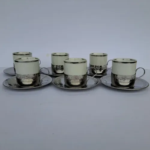 Jogo de 6 Xícaras de Café Vintage/Retrô em Porcelana e Inox