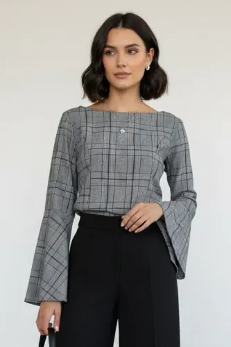 Blusa Xadrez tam M cinza Manga Sino Dom Fashion