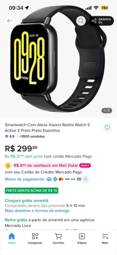 Smartwatch Com Alexa Xiaomi Redmi Watch 5 Active 2 Preto Preto Esportivo