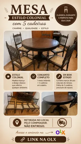 Mesa estilo colonial com 5 cadeiras