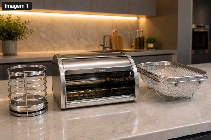 Kit em Aço Inox | Porta-Pão Brabantia Original + Porta-Talheres + Escorred