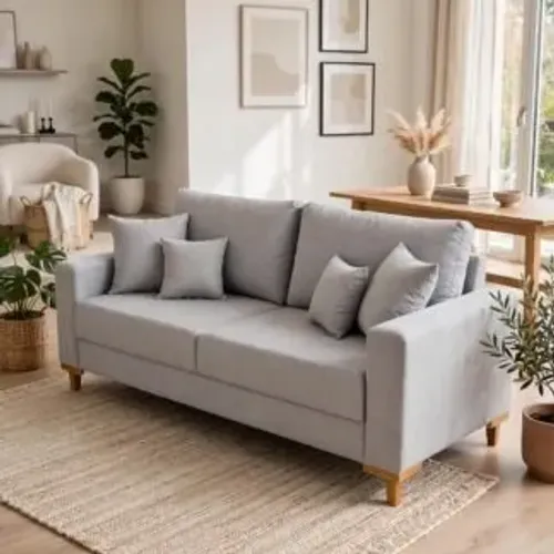 Sofá Living Mensdoza Assento 10Cm Espuma 2.00m Molas Bonel Cor Bege Pés Y de Madeira Movel