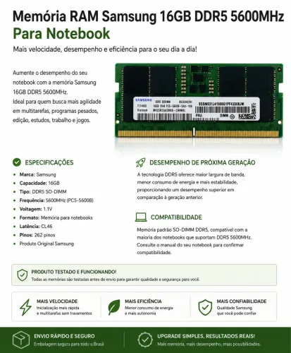 Memória RAM Samsung 16GB DDR5 5600MHz para Notebook
