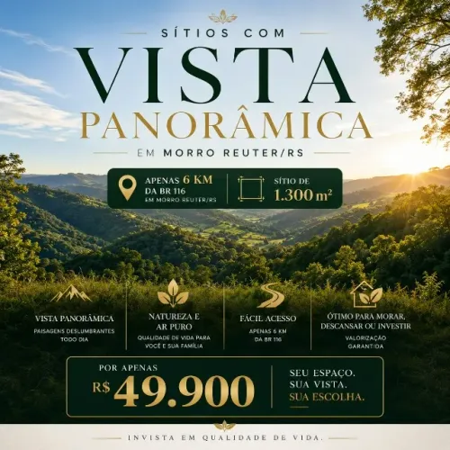 Sítio de 1.300 m² com vista panorâmica, Morro Reuter, Linha Cristo Rei, apenas R$ 49,900