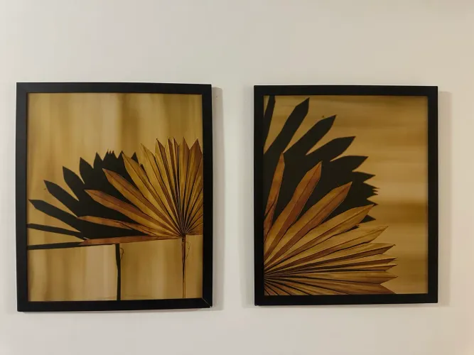 Conjunto de 2 Quadros Decorativos com Folhas Naturais - Moldura Preta