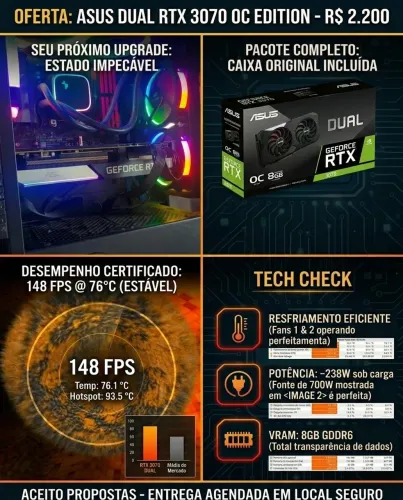 Placa de Vídeo ASUS Dual NVIDIA GeForce RTX 3070 OC Edition 8GB - Impecável (Com Testes)