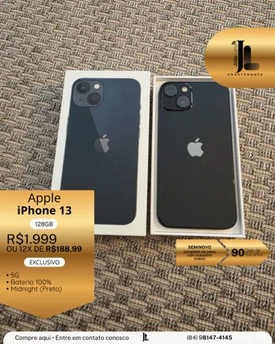 IPHONE 13, 5G, 128GB, NA CAIXA, MIDNIGHT, BAT 100%, SEMINOVO, EXCLUSIVO!