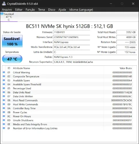 SSD 512gb 2230 SK Hynix Bc511 100% saúde testado Retirada desconto R$40