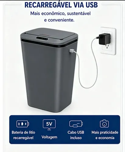Lixeira Inteligente Sem Contato Sensor Infravermelho + USB Recarregável, Cinza Escuro 16L