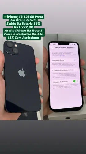 iPhone 13 128GB Preto - Saúde Da Bateria 86% (Usado)