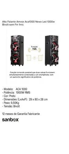 som amplificada Amvox ACA 1000 New X com 1000W RMS de potência