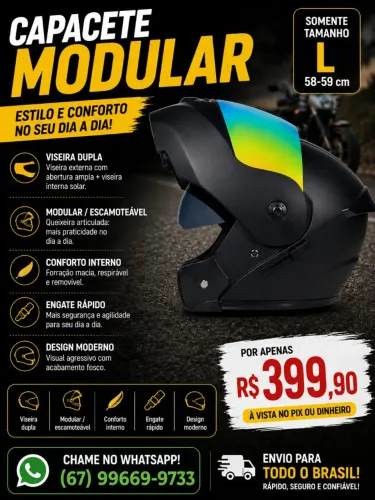 Capacete Modular Escamoteável L 58/59 cm - Viseira Dupla