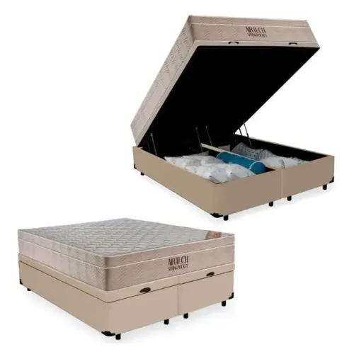 BAÚ BIPARTIDO QUEEN CORINO BEGE ALTO NÍVEL + COLCHÃO AIRTECH SPRING POCKET