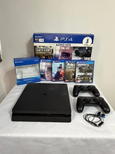 PS4 Slim 1TB Completo + 2 Controles Originais + 4 Jogos + Caixa
