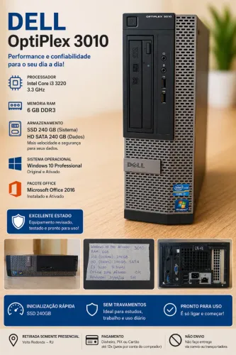 PC Dell Optiplex 3010 i3 SSD 240GB Rápido + HD 240 GB + RAM: 6GB - Win 10 Pro + Office