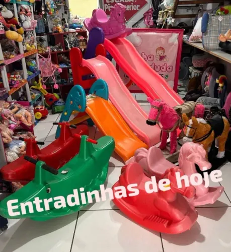 Lote de Brinquedos 2 Escorregadores, 5 Gangorras e 2 cavalos de pelucia