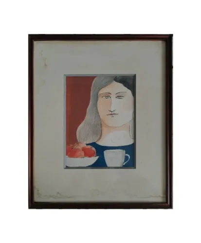 Quadro em Aquarela com personagem feminina, 55x46cm, com Moldura em Madeira e Vidro