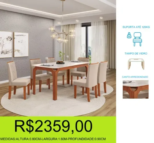 mesa - 6 cadeiras - tampo em vidro - cadeira estofada - compre e retire hoje mesmo
