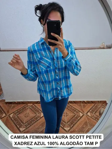 Camisa Feminina Laura Scott Petite Xadrez Azul 100% Algodão Tam P
