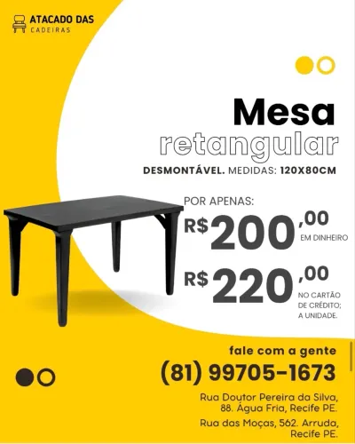 Mesa retangular desmontável é no Atacado das Cadeiras 