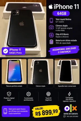 iPhone 11 64GB Preto - Bem Conservado - Bateria76%