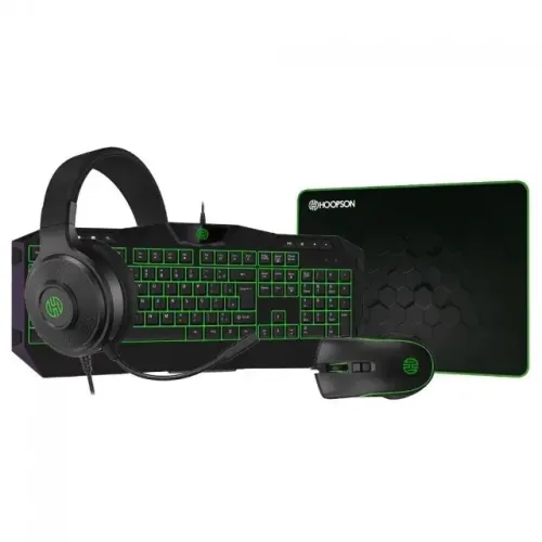 Combo Gamer Hoopson 4 Em 1, Teclado, Mouse, Headset e Mousepad, LED Verde