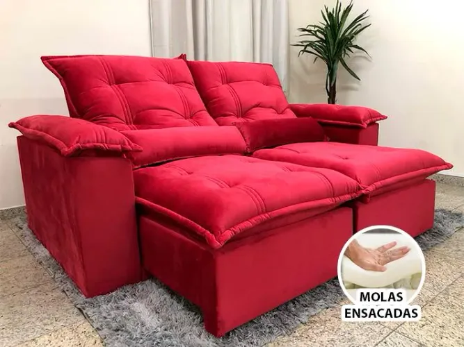 Sofá Retrátil 2 Lugares 180cm Molas Ensacadas D33 Veludo Vermelho 
