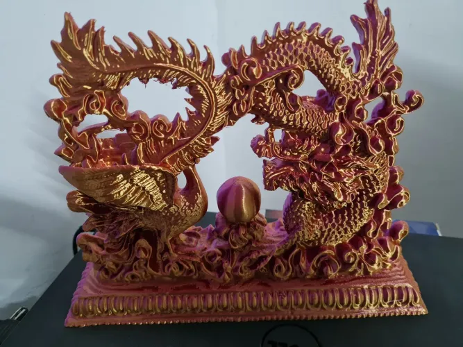 Escultura Dragão e Fênix em Dourado