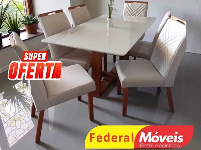 Mesa de Jantar 1,60x90cm c/ 6 Cadeiras Veludo - Mega Oferta