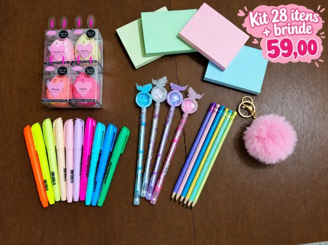 Kit 28 itens Papelaria + Brinde