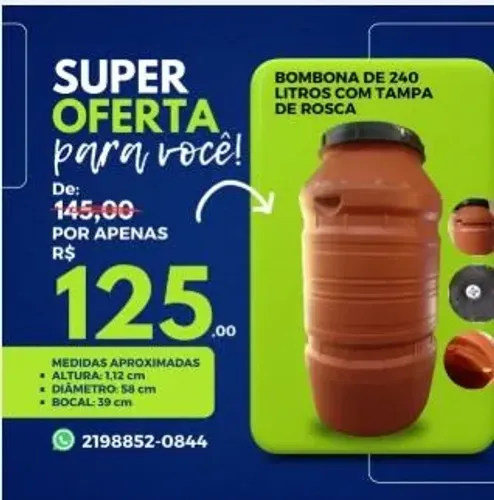 Bombona de 240 Litros Bombonas Galão Tonel Tambor Barril pra Água, Gelo, Ração, Filtro 
