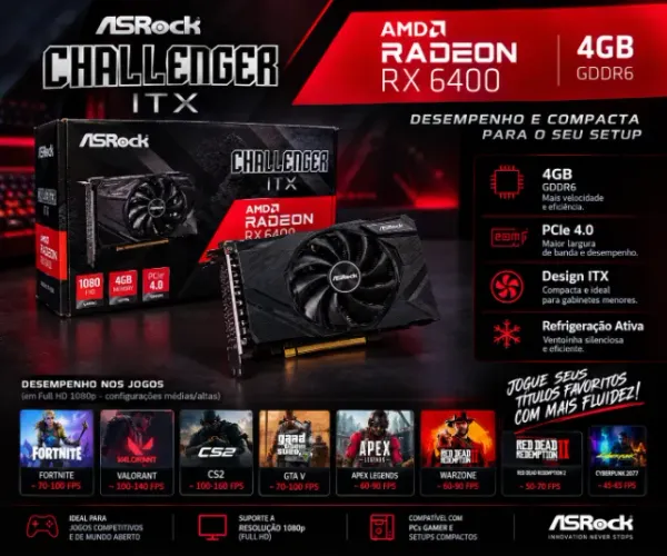 ? Placa de Vídeo AMD Radeon RX 6400 4GB ASRock Challenger ITX