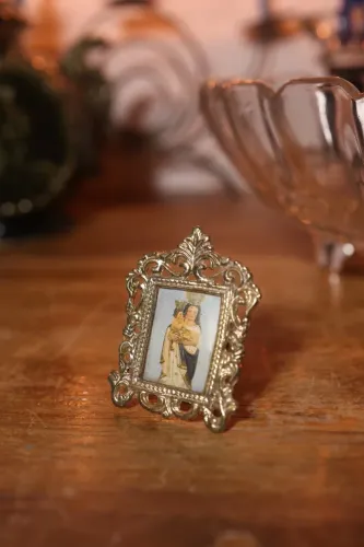 porta retrato antigo vintage latão mini imagem nossa senhora da penha decoração antiquario