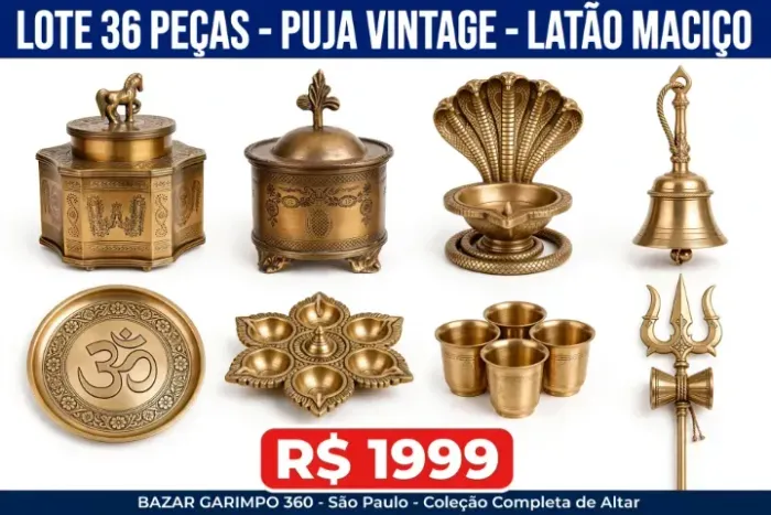 Lote 36 Peças Puja Vintage Latão Maciço - Altar Completo Shiva - Bazar Garimpo 360