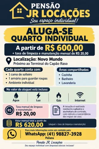 ? ALUGA-SE QUARTO INDIVIDUAL - PENSÃO JR LOCAÇÕES