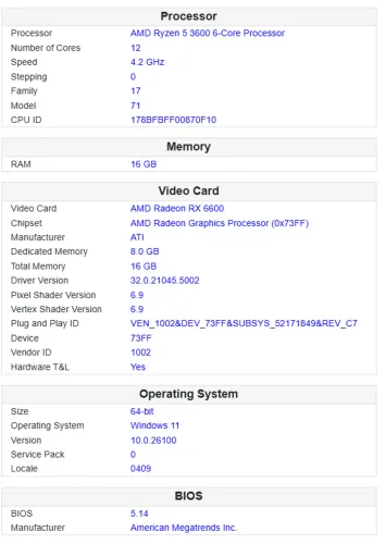 Computador RX6600 8GB + Ryzen 5 3600 (16GB RAM DDR4)
