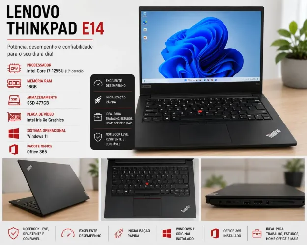 Lenovo ThinkPad E14 | Intel i7 12ª Geração | 16GB RAM | SSD 477GB | Windows 11