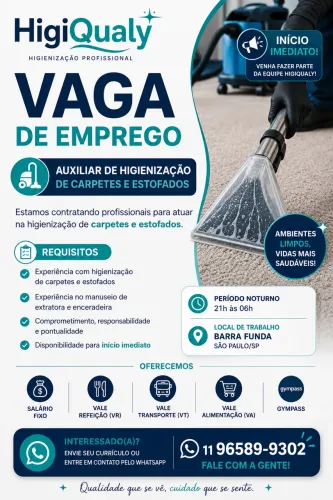 ? VAGA DE EMPREGO - AUXILIAR DE HIGIENIZAÇÃO DE CARPETES E ESTOFADOS