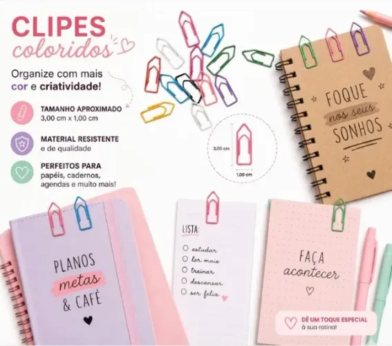 100 Clipes Nr.2/0 Clips de Papel Coloridos