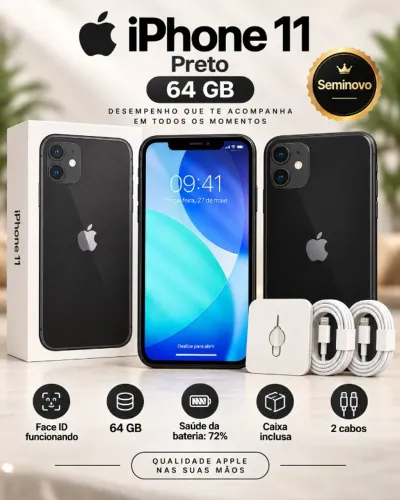 iPhone 11 64GB Preto + Caixa + 2 Cabos